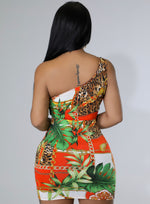 Tropical print one shoulder dress