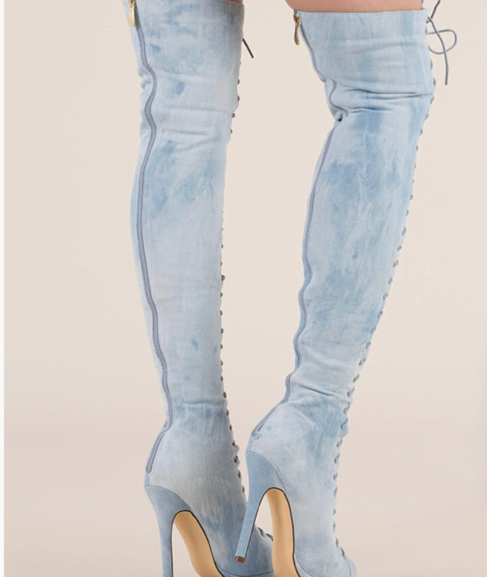 Over the knee denim boots